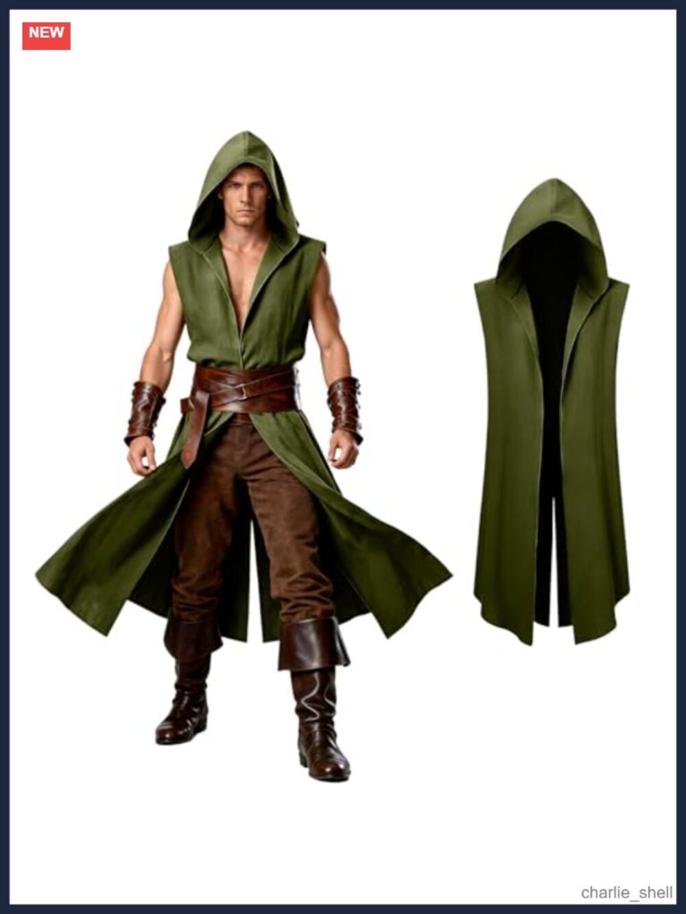 Men's Medieval Hooded Sleeveless Surcoat Renaissance Tabard Tunic Cosplay Cape